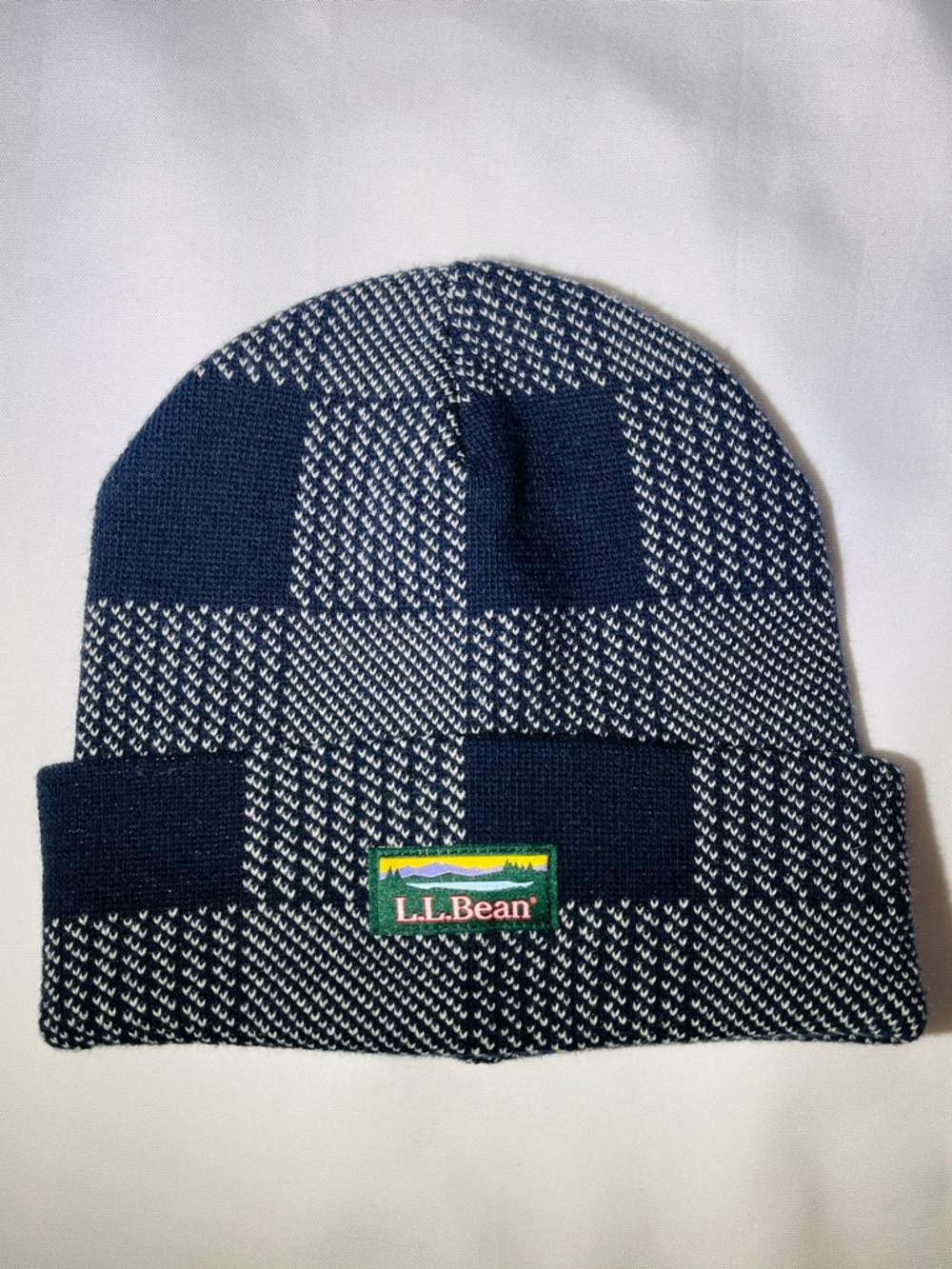 L.L. Bean Navy and White Check Knit Beanie